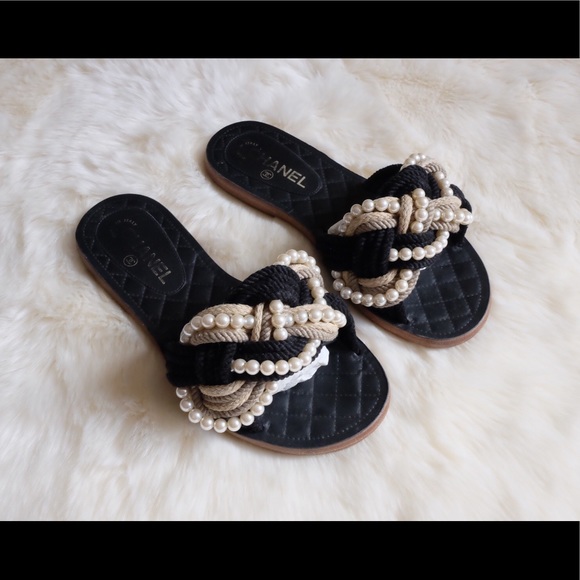 Chanel Black Cruise Pearl Cord CC Mules 38/7-7.5 - Picture 6 of 8